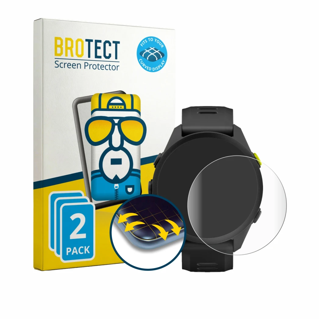 Parte frontal de un envase de producto con el logotipo de la marca BROTECT. Al lado se muestra el dispositivo Garmin Forerunne