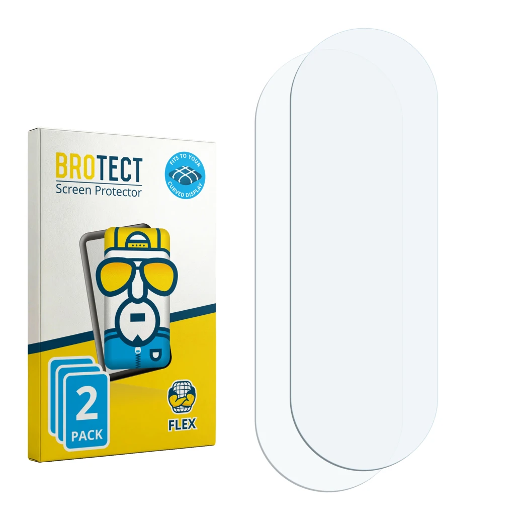 Parte frontal de un envase de producto con el logotipo de la marca BROTECT. Al lado está el protector de pantalla correspondie