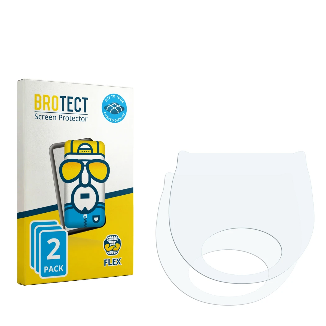 Parte frontal de un envase de producto con el logotipo de la marca BROTECT. Al lado está el protector de pantalla correspondie