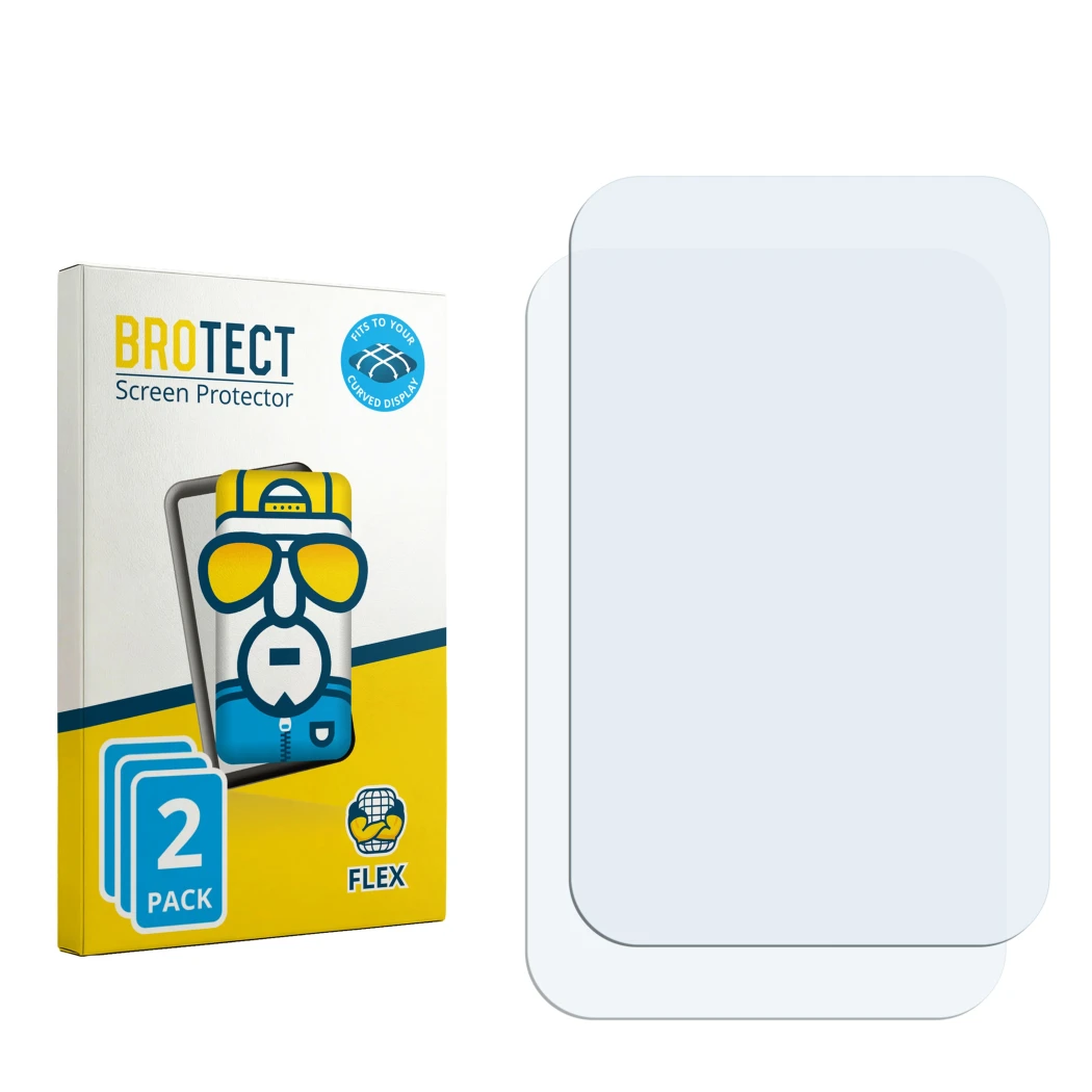 Parte frontal de un envase de producto con el logotipo de la marca BROTECT. Al lado está el protector de pantalla correspondie