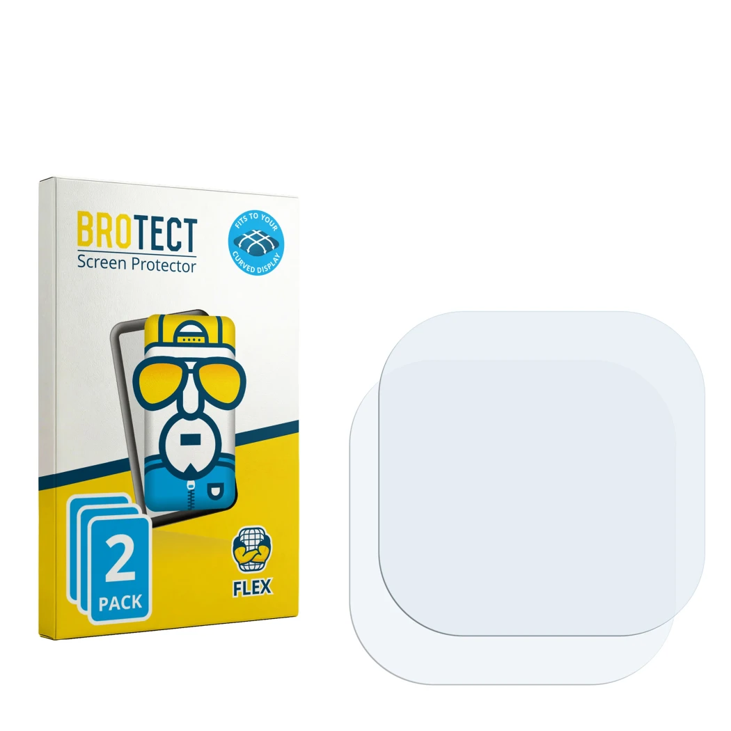Parte frontal de un envase de producto con el logotipo de la marca BROTECT. Al lado está el protector de pantalla correspondie
