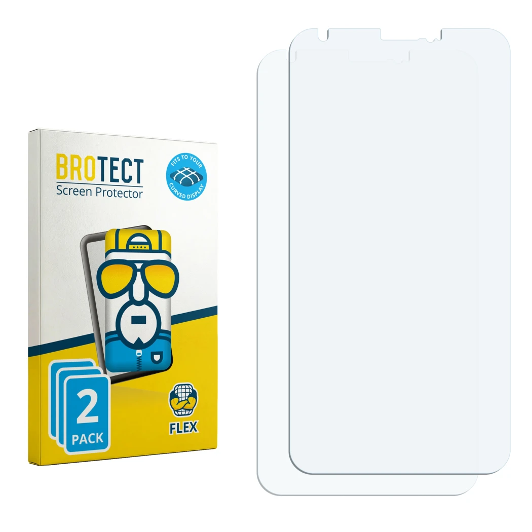 Parte frontal de un envase de producto con el logotipo de la marca BROTECT. Al lado está el protector de pantalla correspondie