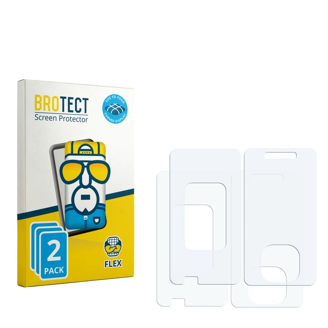 Parte frontal de un envase de producto con el logotipo de la marca BROTECT. Al lado está el protector de pantalla correspondie