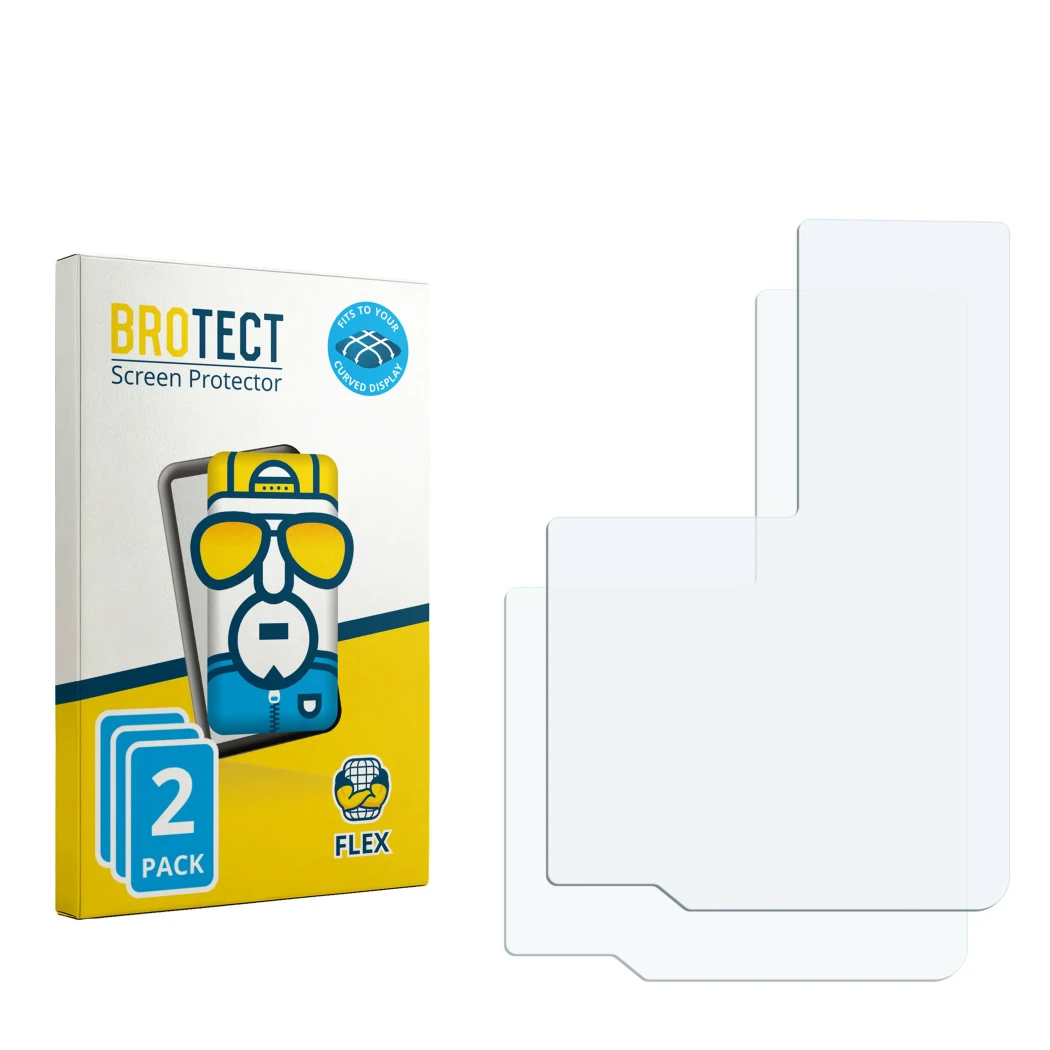 Parte frontal de un envase de producto con el logotipo de la marca BROTECT. Al lado está el protector de pantalla correspondie