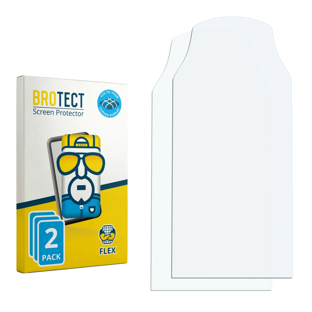 Parte frontal de un envase de producto con el logotipo de la marca BROTECT. Al lado está el protector de pantalla correspondie