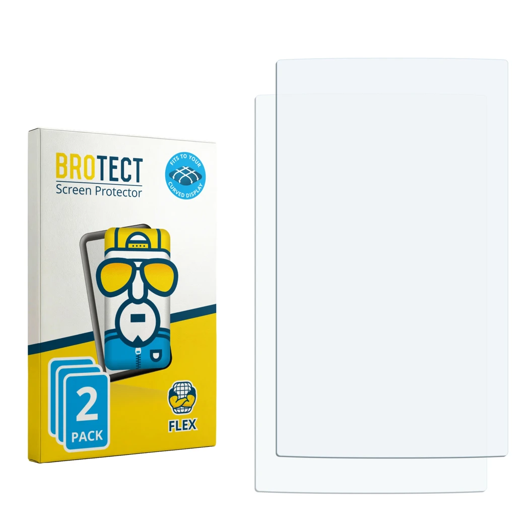 Parte frontal de un envase de producto con el logotipo de la marca BROTECT. Al lado está el protector de pantalla correspondie