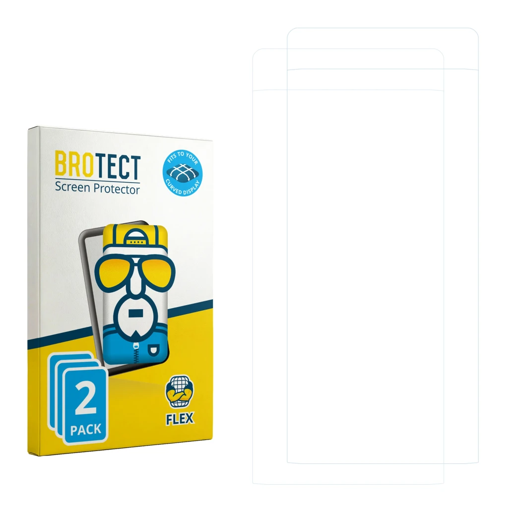 Parte frontal de un envase de producto con el logotipo de la marca BROTECT. Al lado está el protector de pantalla correspondie