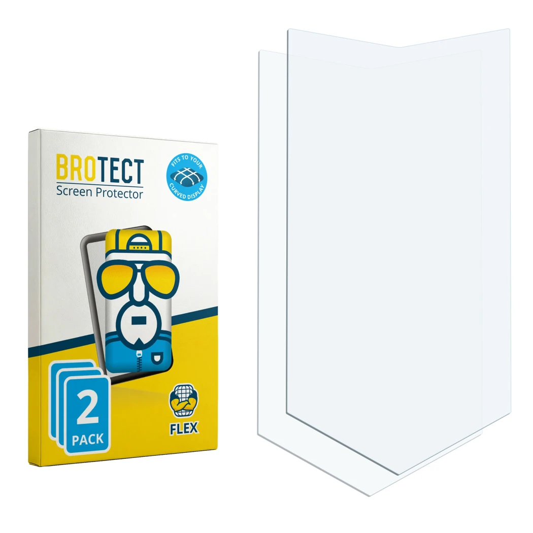 Parte frontal de un envase de producto con el logotipo de la marca BROTECT. Al lado está el protector de pantalla correspondie