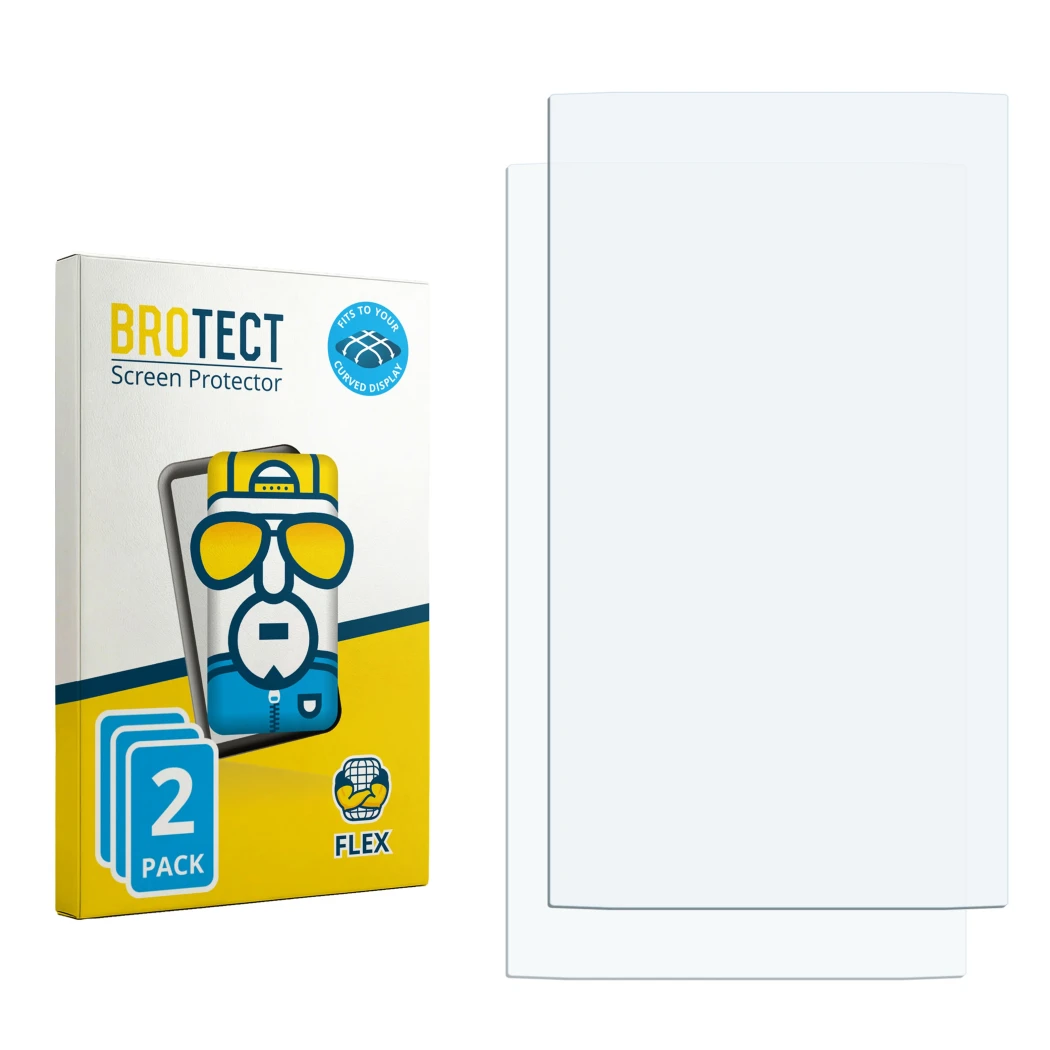 Parte frontal de un envase de producto con el logotipo de la marca BROTECT. Al lado está el protector de pantalla correspondie