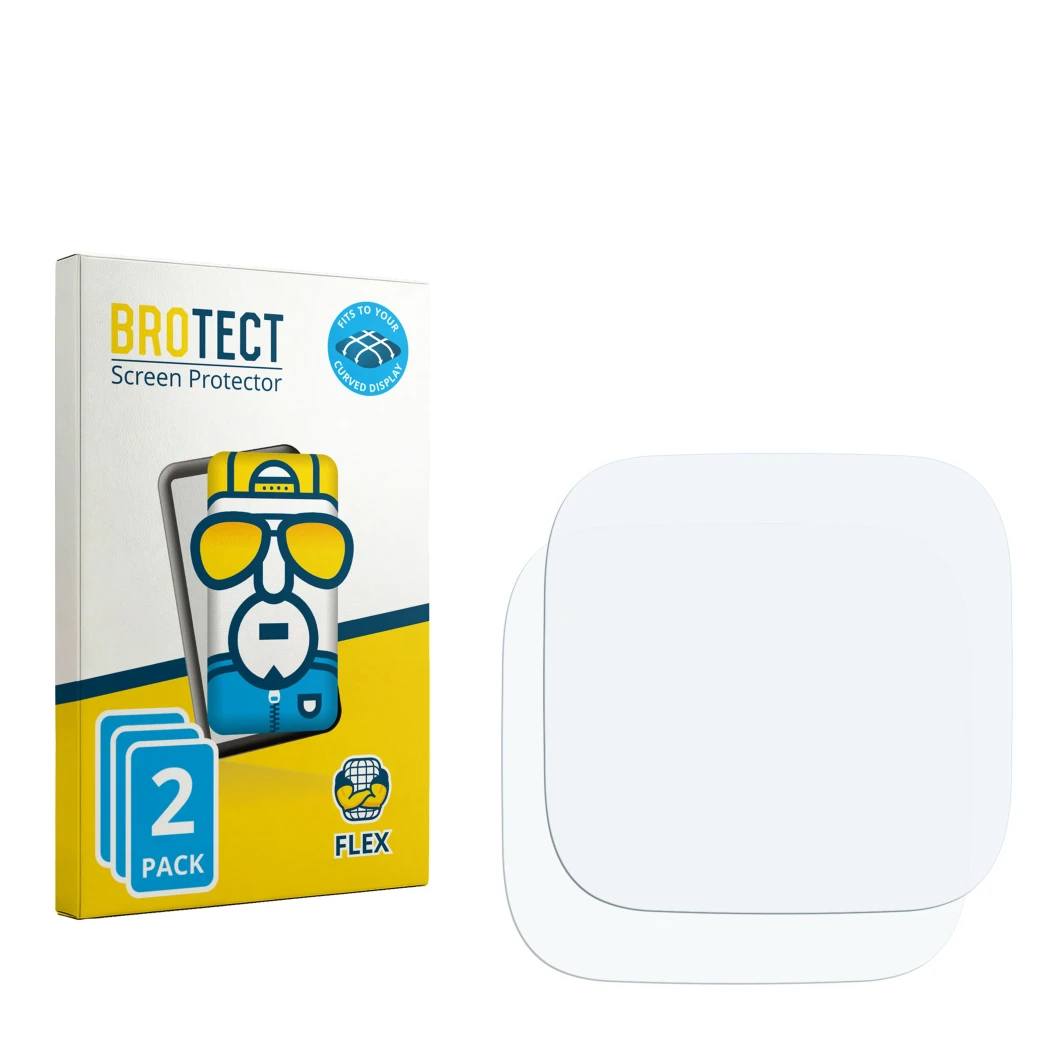 Parte frontal de un envase de producto con el logotipo de la marca BROTECT. Al lado está el protector de pantalla correspondie