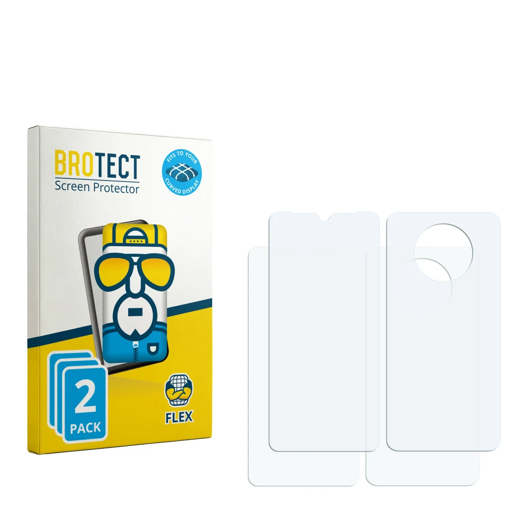 Parte frontal de un envase de producto con el logotipo de la marca BROTECT. Al lado está el protector de pantalla correspondie