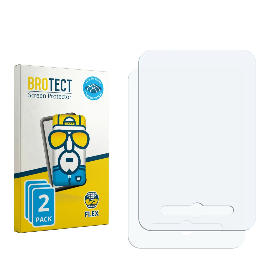 Parte frontal de un envase de producto con el logotipo de la marca BROTECT. Al lado está el protector de pantalla correspondie