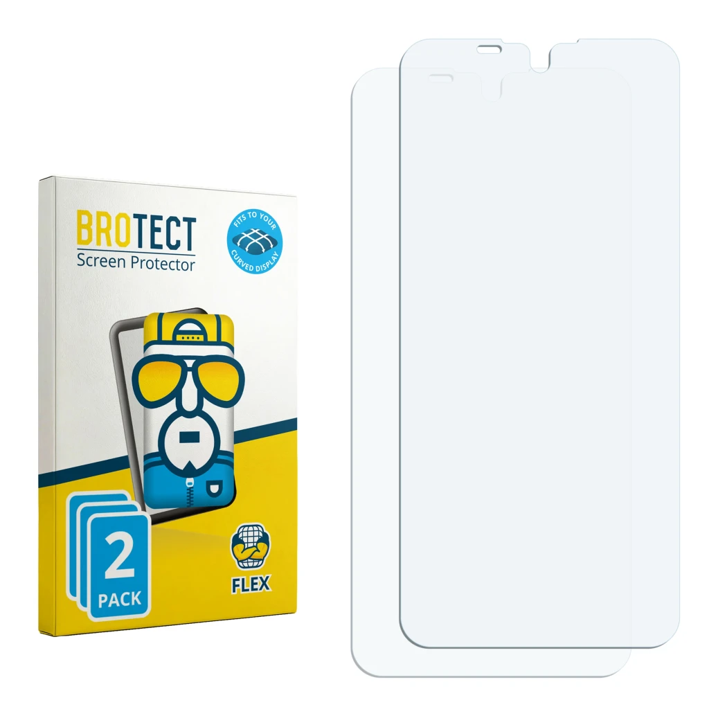 Parte frontal de un envase de producto con el logotipo de la marca BROTECT. Al lado está el protector de pantalla correspondie