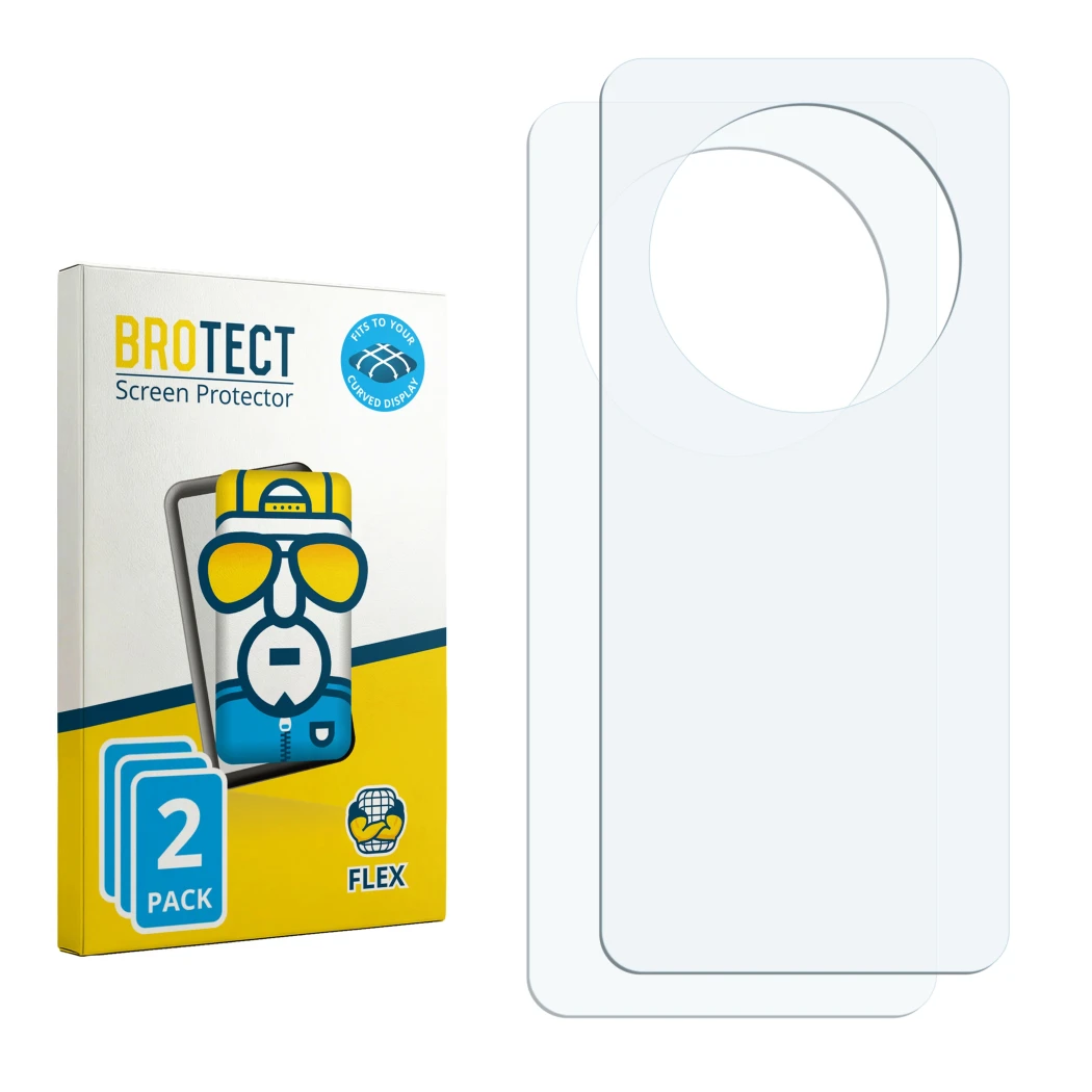 Parte frontal de un envase de producto con el logotipo de la marca BROTECT. Al lado está el protector de pantalla correspondie
