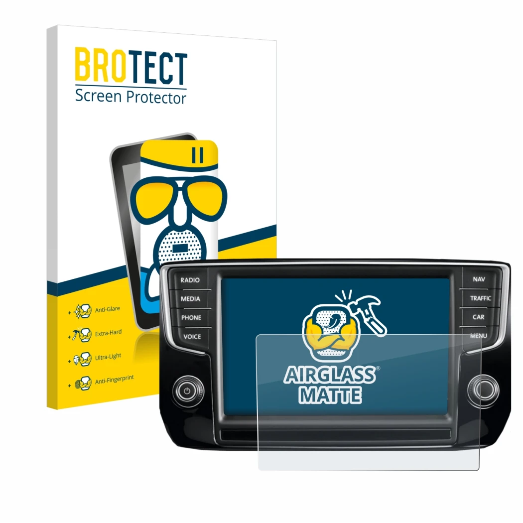 Parte frontal de un envase de producto con el logotipo de la marca BROTECT. Al lado se muestra el dispositivo Volkswagen Passa