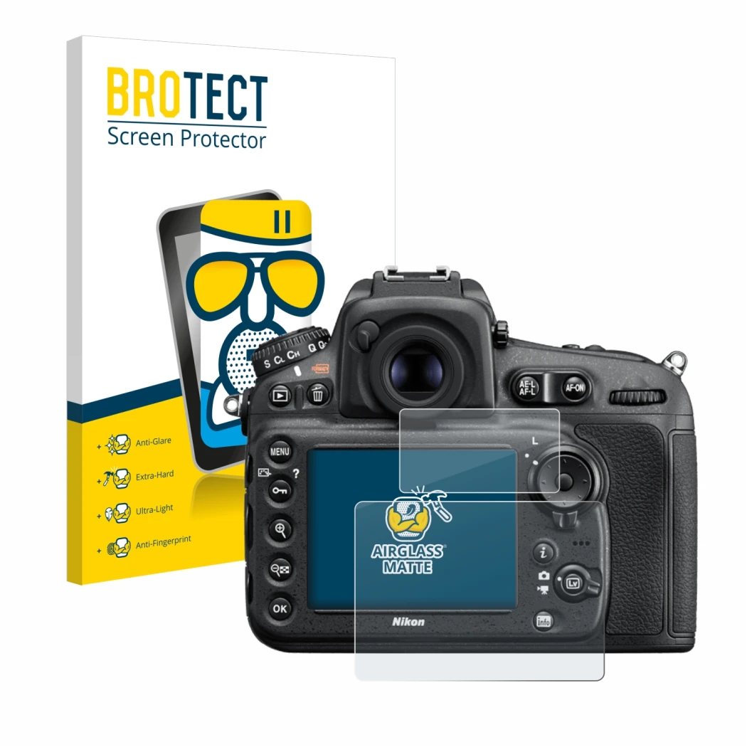 Parte frontal de un envase de producto con el logotipo de la marca BROTECT. Al lado se muestra el dispositivo Nikon D810 con s