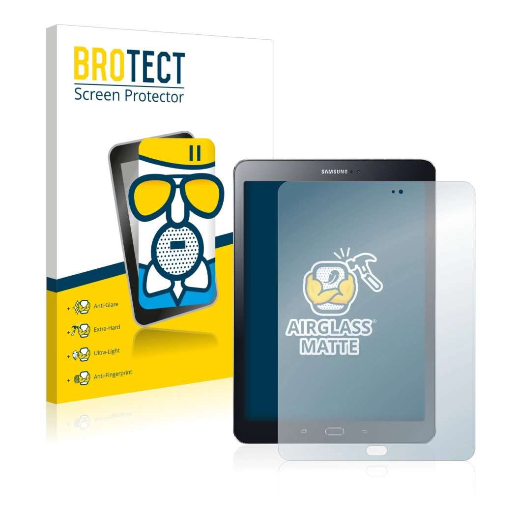 Parte frontal de un envase de producto con el logotipo de la marca BROTECT. Al lado se muestra el dispositivo Samsung Galaxy T