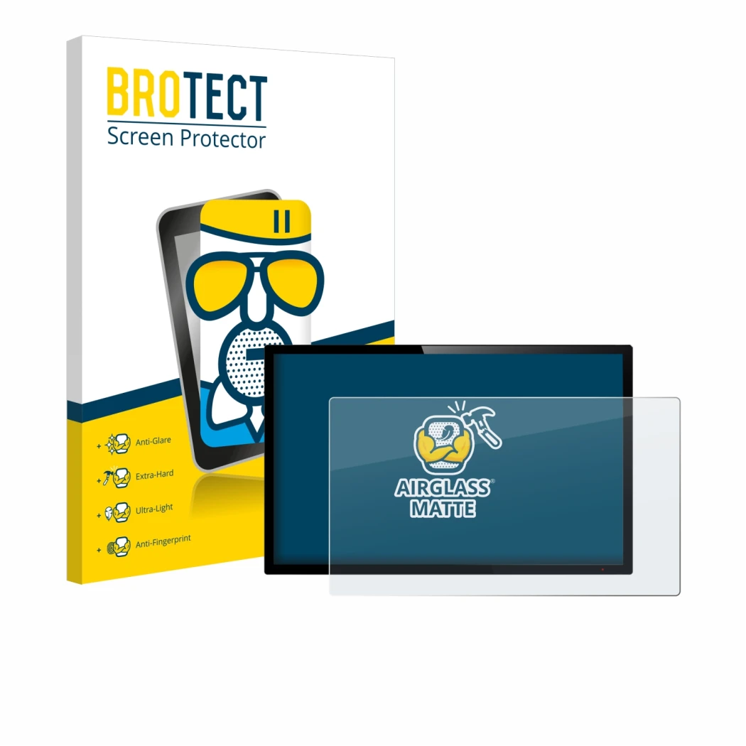 Parte frontal de un envase de producto con el logotipo de la marca BROTECT. Al lado se muestra el dispositivo con su protector