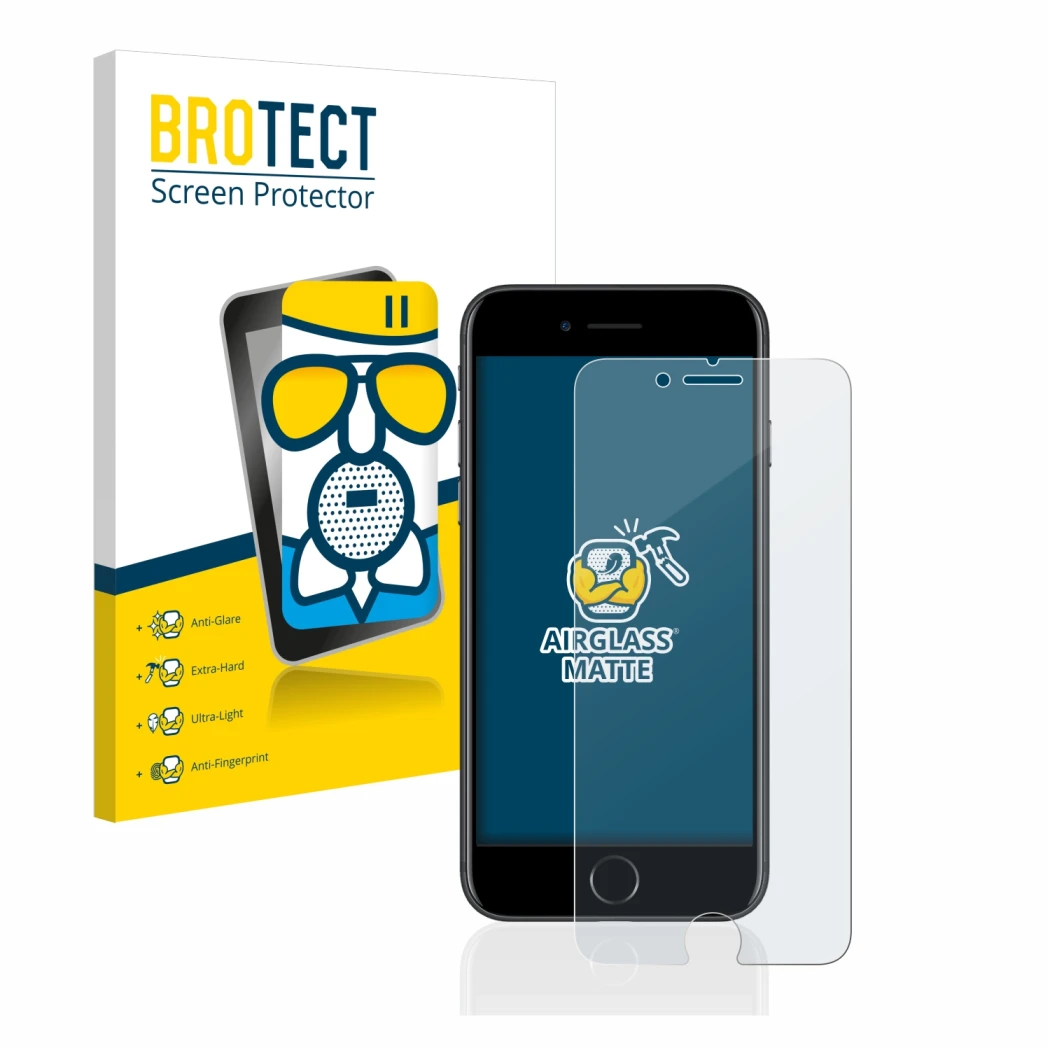 Parte frontal de un envase de producto con el logotipo de la marca BROTECT. Al lado se muestra el dispositivo Apple iPhone 7 c