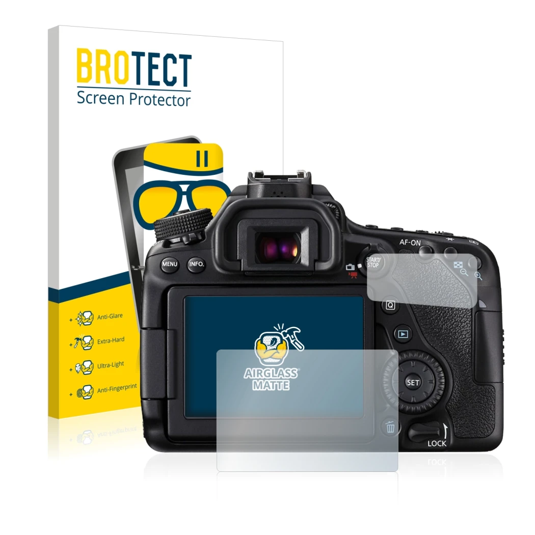 Parte frontal de un envase de producto con el logotipo de la marca BROTECT. Al lado se muestra el dispositivo Canon EOS 80D co