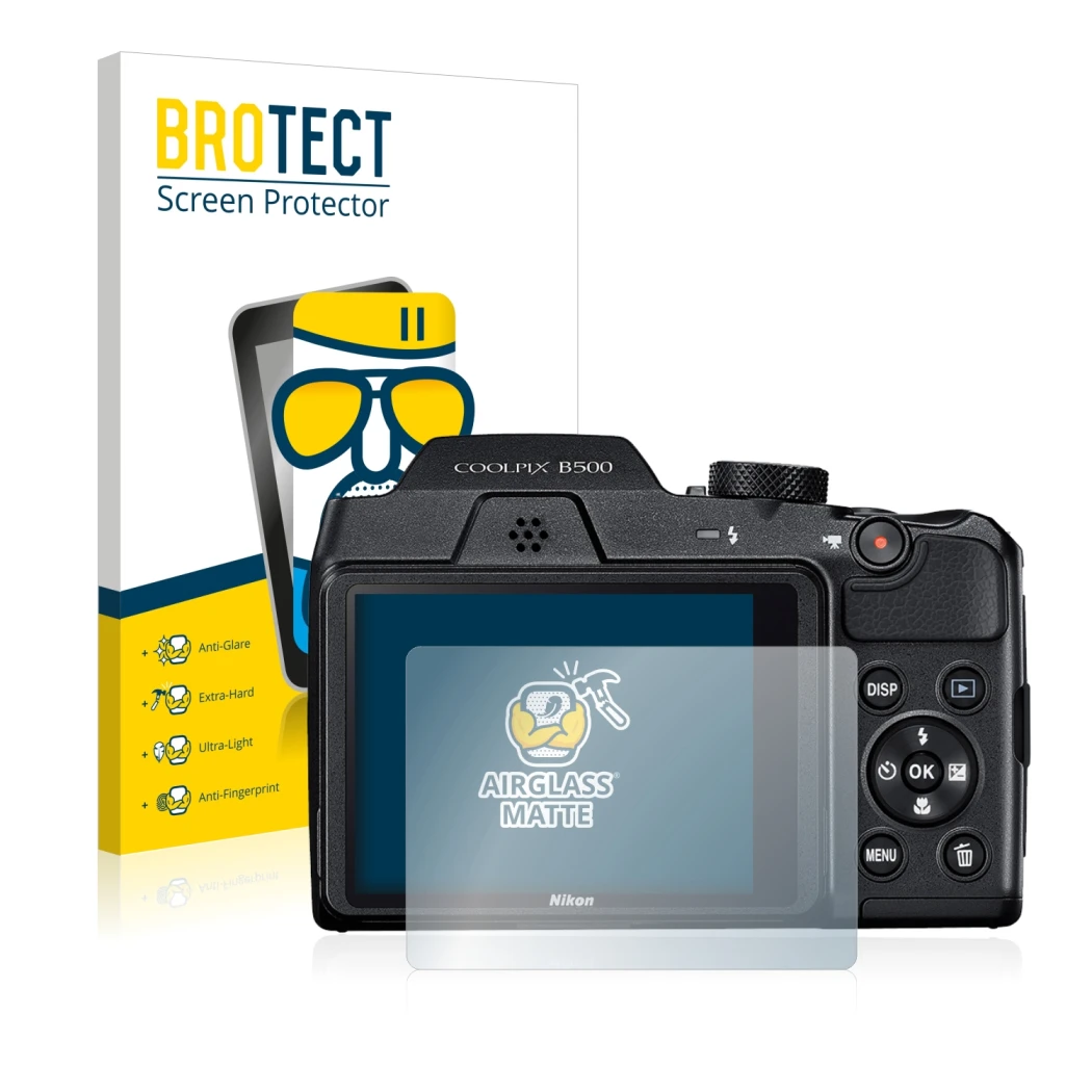 Parte frontal de un envase de producto con el logotipo de la marca BROTECT. Al lado se muestra el dispositivo Nikon Coolpix B5