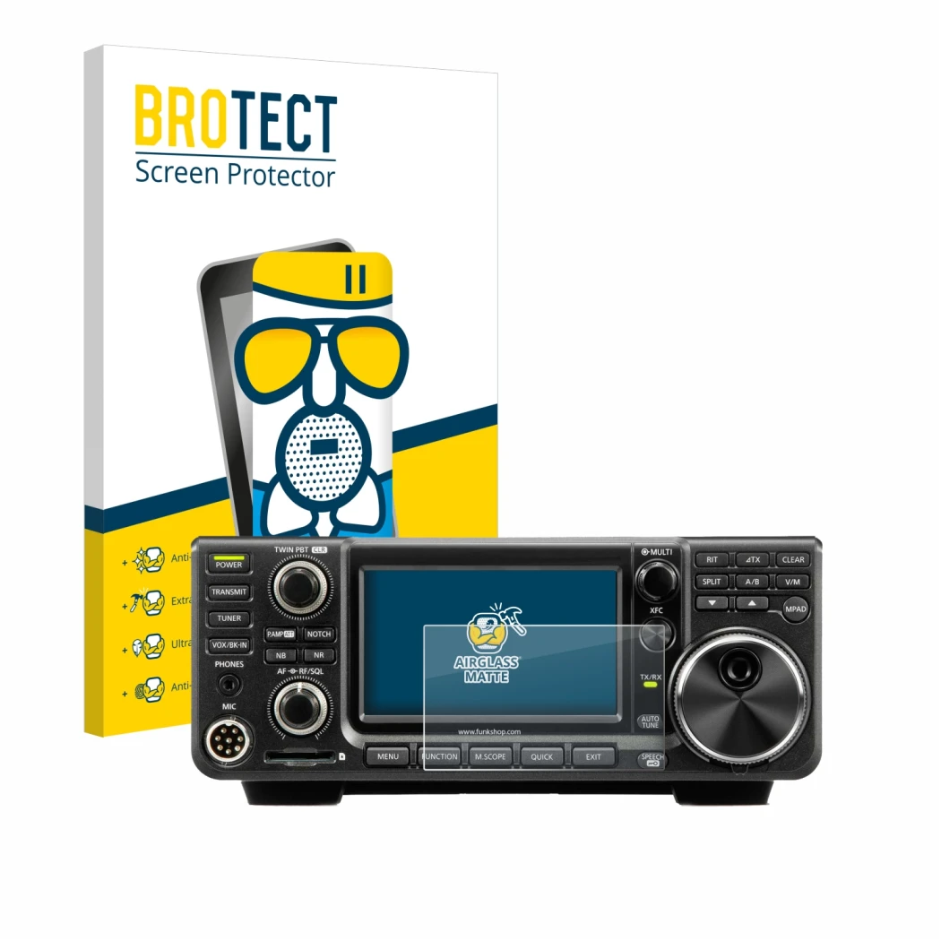 Parte frontal de un envase de producto con el logotipo de la marca BROTECT. Al lado se muestra el dispositivo Icom IC-7300 con