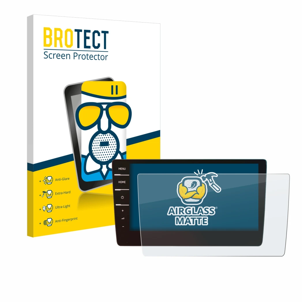 Parte frontal de un envase de producto con el logotipo de la marca BROTECT. Al lado se muestra el dispositivo Volkswagen Golf 