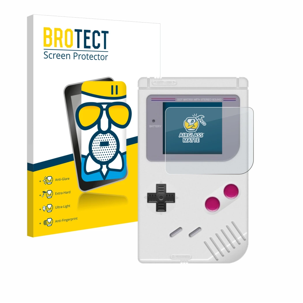Parte frontal de un envase de producto con el logotipo de la marca BROTECT. Al lado se muestra el dispositivo Nintendo Gameboy