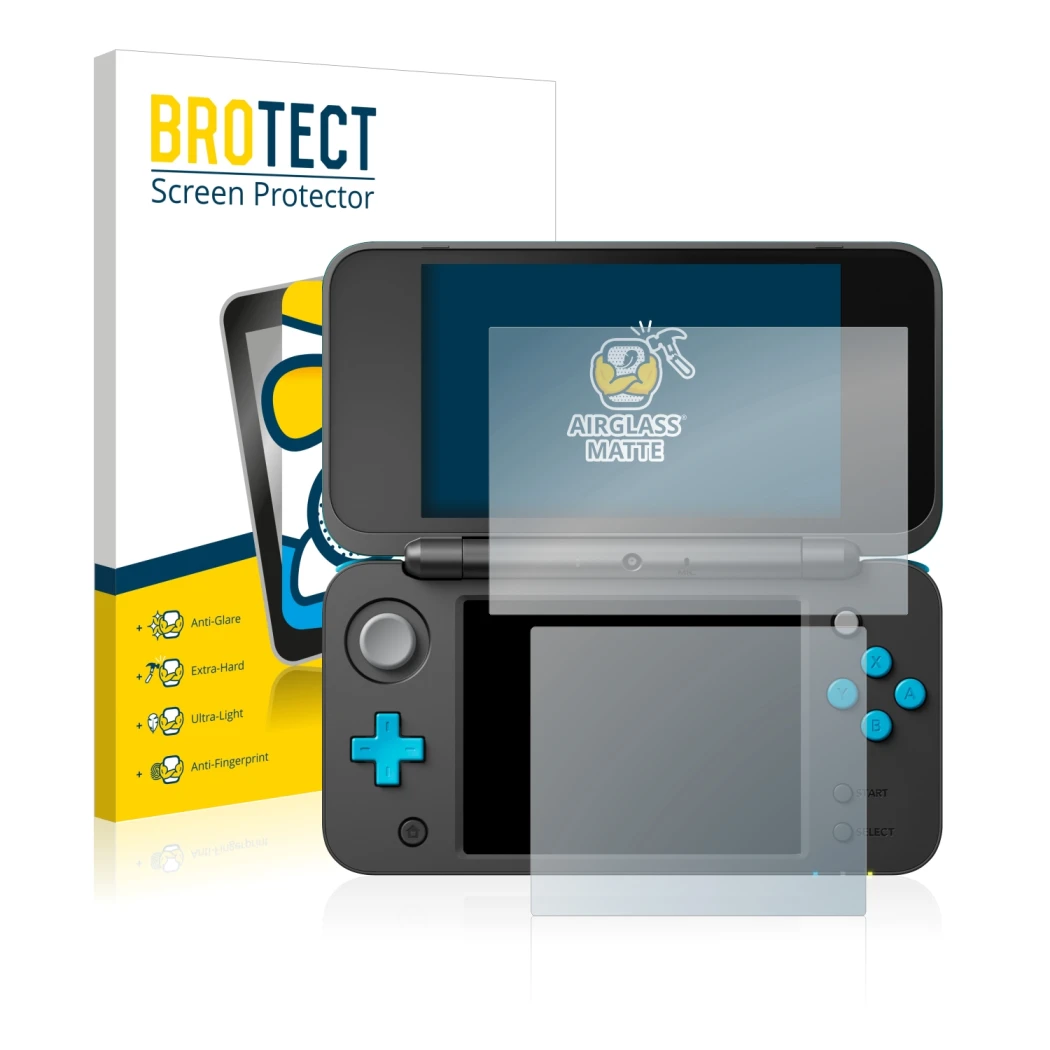 Parte frontal de un envase de producto con el logotipo de la marca BROTECT. Al lado se muestra el dispositivo Nintendo 2DS XL 
