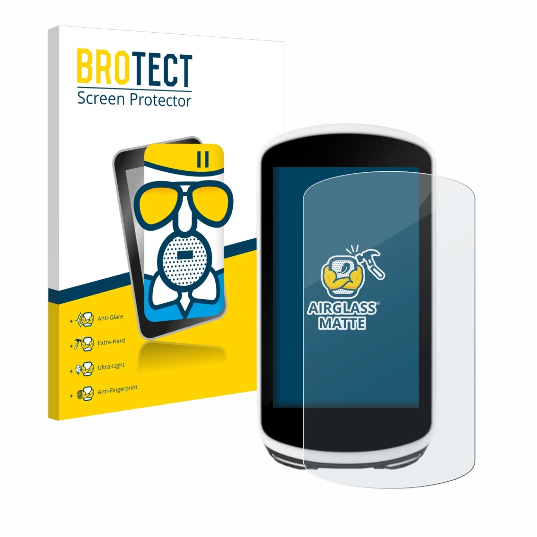 Parte frontal de un envase de producto con el logotipo de la marca BROTECT. Al lado se muestra el dispositivo Garmin Edge 1030