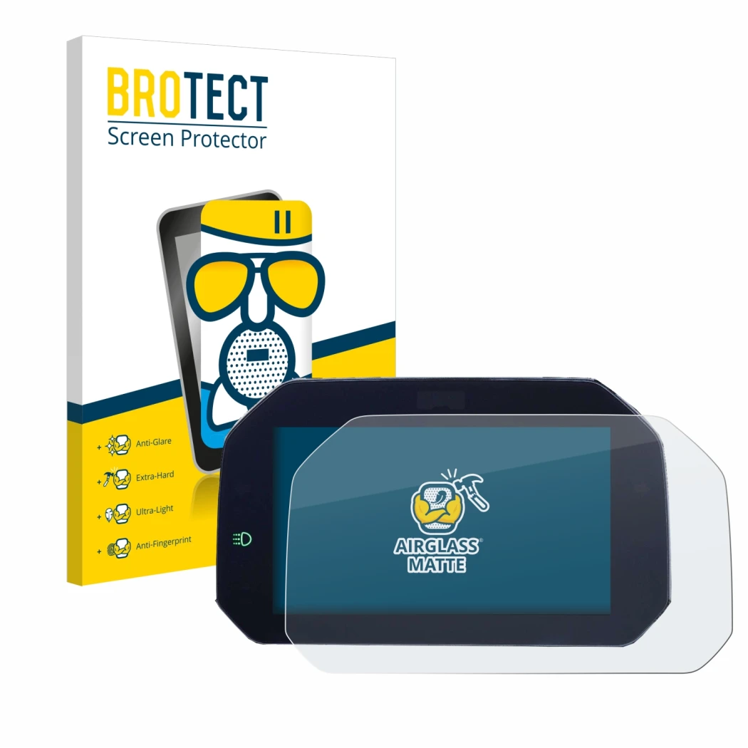 Parte frontal de un envase de producto con el logotipo de la marca BROTECT. Al lado se muestra el dispositivo BMW R 1200 GS 20