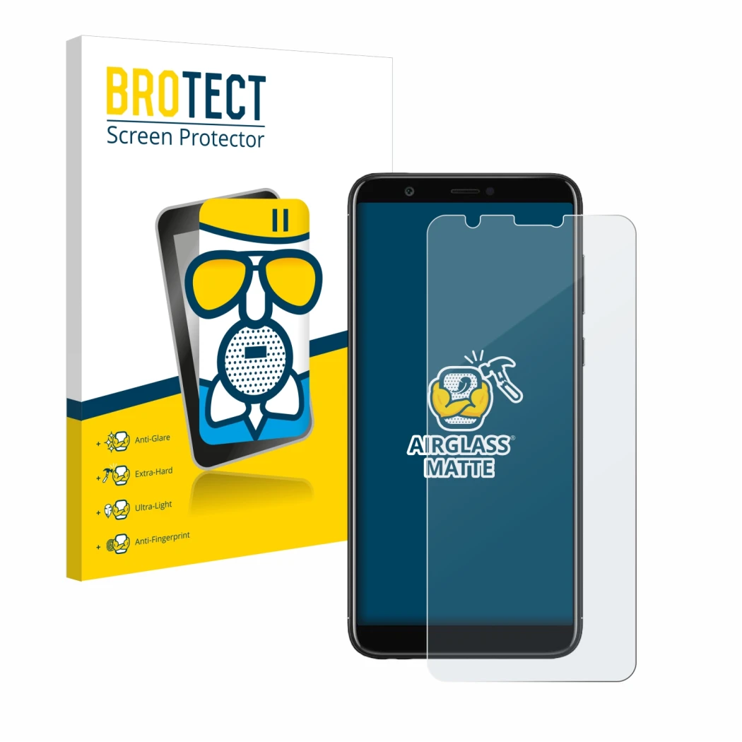 Parte frontal de un envase de producto con el logotipo de la marca BROTECT. Al lado se muestra el dispositivo Huawei P smart 2