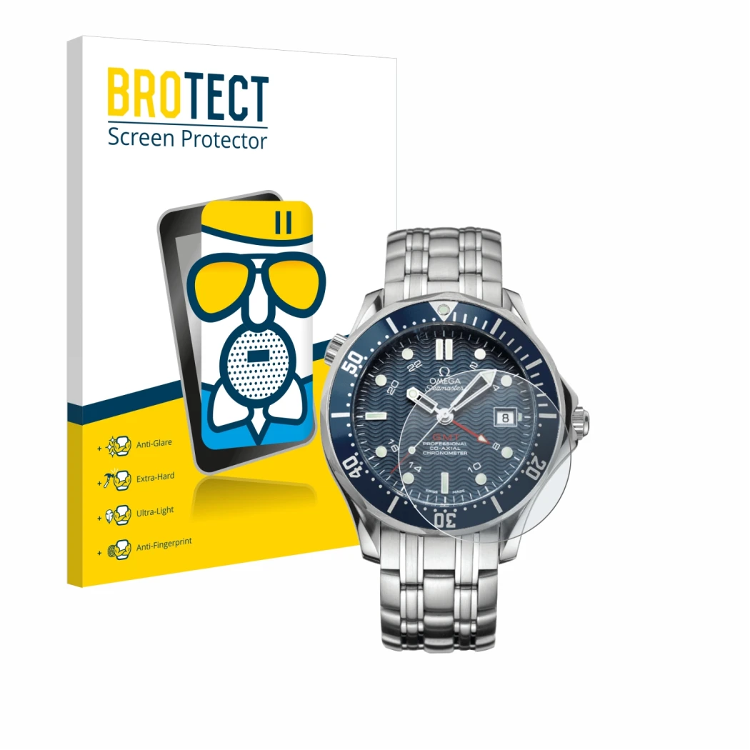 Parte frontal de un envase de producto con el logotipo de la marca BROTECT. Al lado se muestra el dispositivo Omega Seamaster 