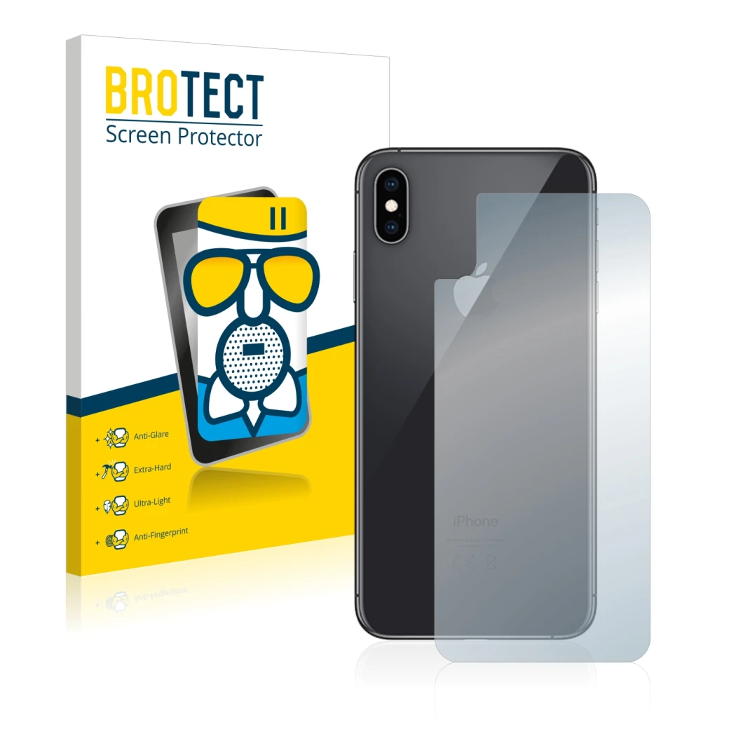 Parte frontal de un envase de producto con el logotipo de la marca BROTECT. Al lado se muestra el dispositivo Apple iPhone Xs 
