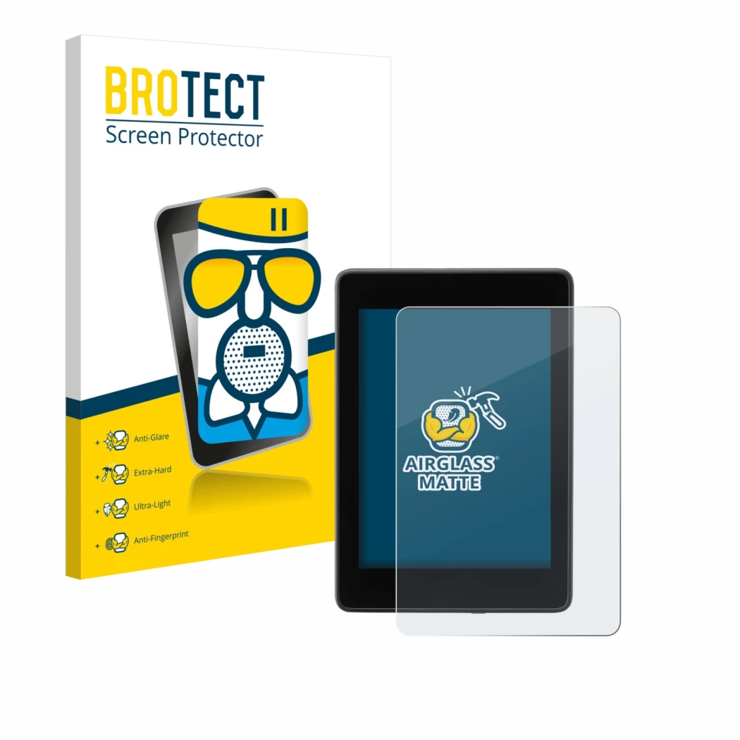 Parte frontal de un envase de producto con el logotipo de la marca BROTECT. Al lado se muestra el dispositivo Amazon Kindle Pa