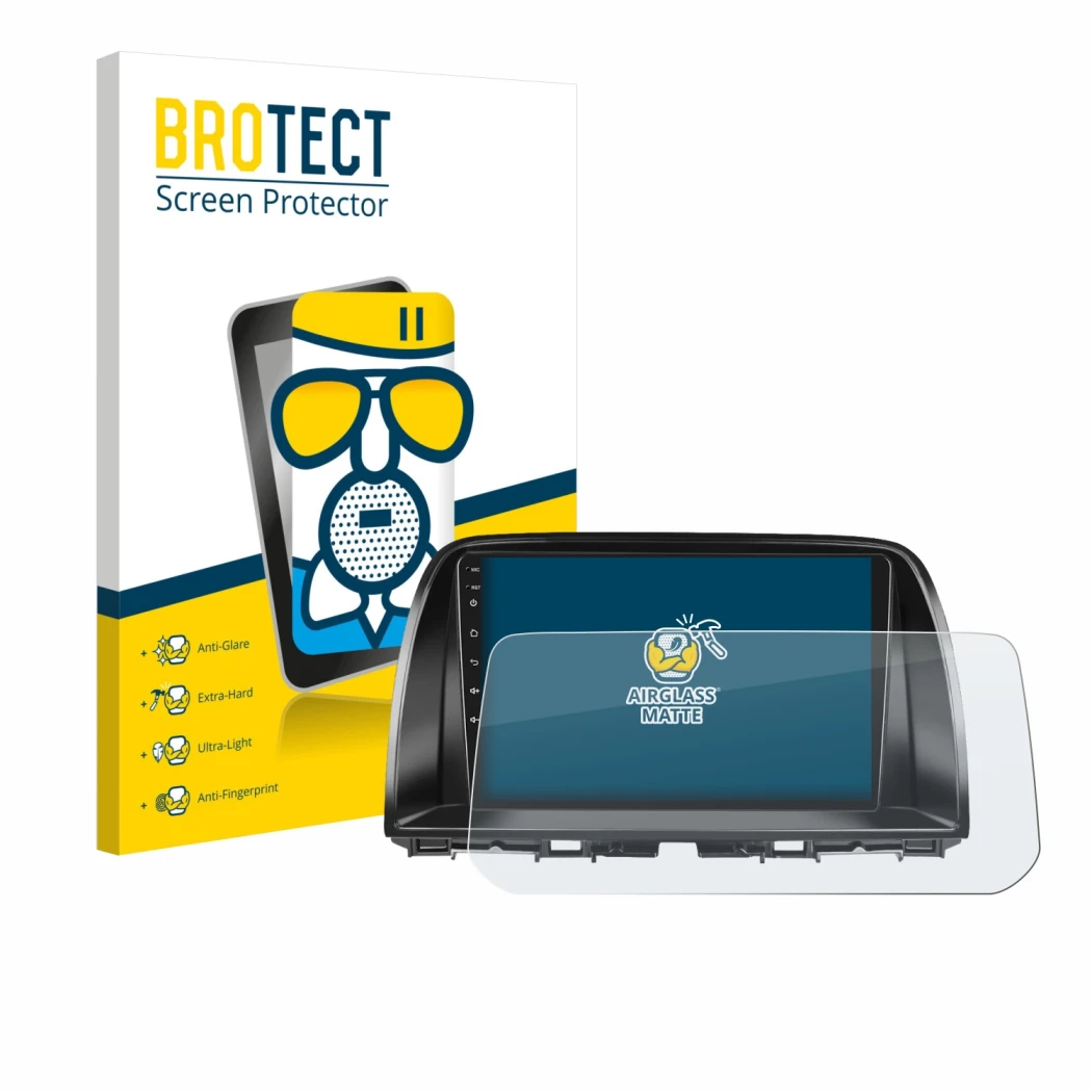 Parte frontal de un envase de producto con el logotipo de la marca BROTECT. Al lado se muestra el dispositivo Mazda CX-5 2017 