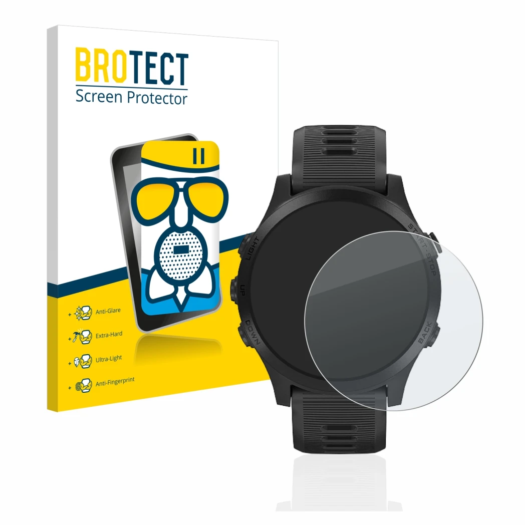 Parte frontal de un envase de producto con el logotipo de la marca BROTECT. Al lado se muestra el dispositivo Garmin Forerunne