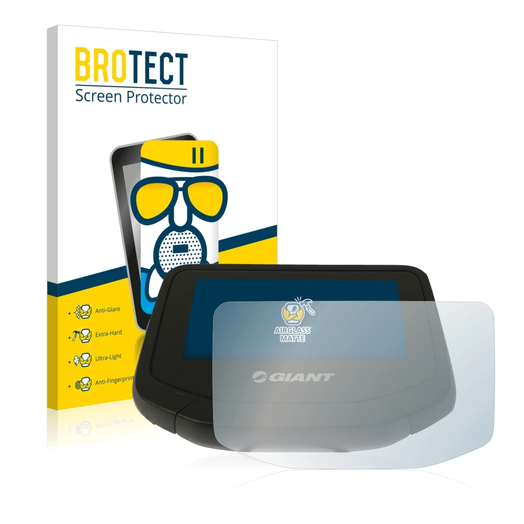 Parte frontal de un envase de producto con el logotipo de la marca BROTECT. Al lado se muestra el dispositivo Giant RideContro