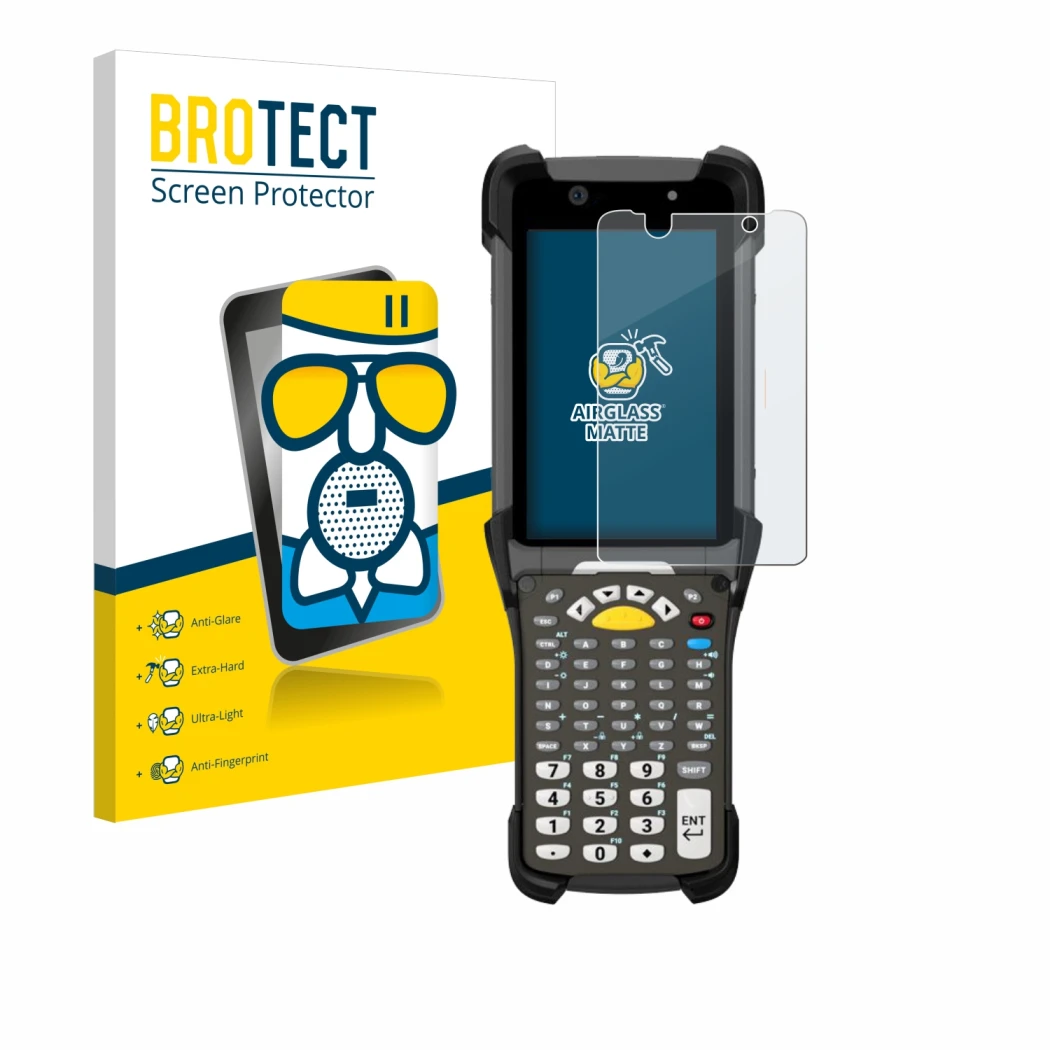 Parte frontal de un envase de producto con el logotipo de la marca BROTECT. Al lado se muestra el dispositivo Zebra MC9300 con