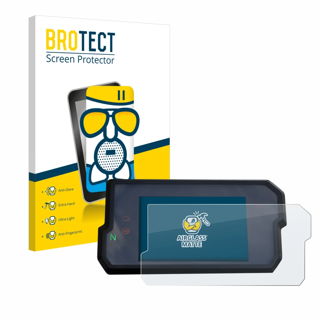 Parte frontal de un envase de producto con el logotipo de la marca BROTECT. Al lado se muestra el dispositivo KTM 125 / 390 Du