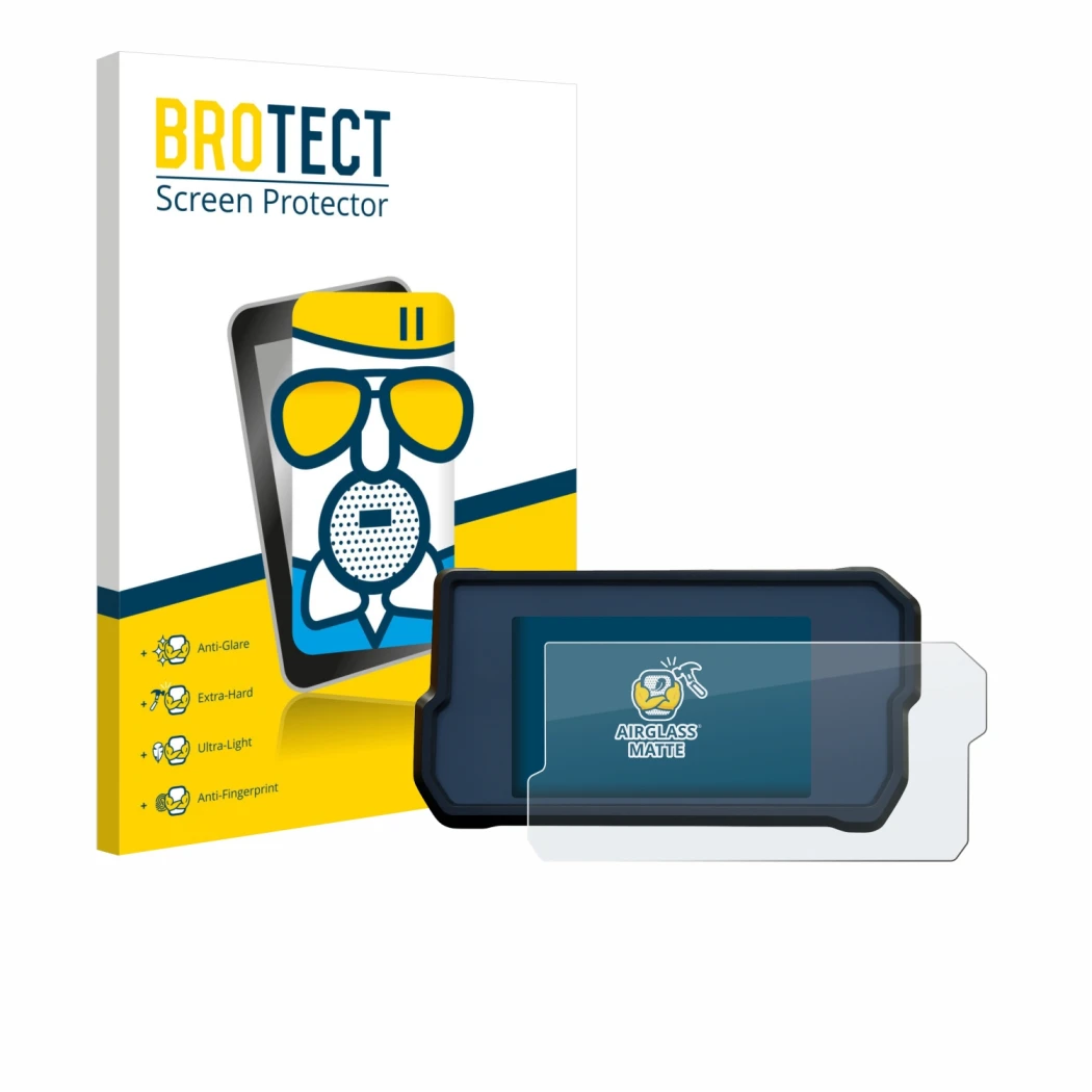 Parte frontal de un envase de producto con el logotipo de la marca BROTECT. Al lado se muestra el dispositivo KTM 790 Adventur