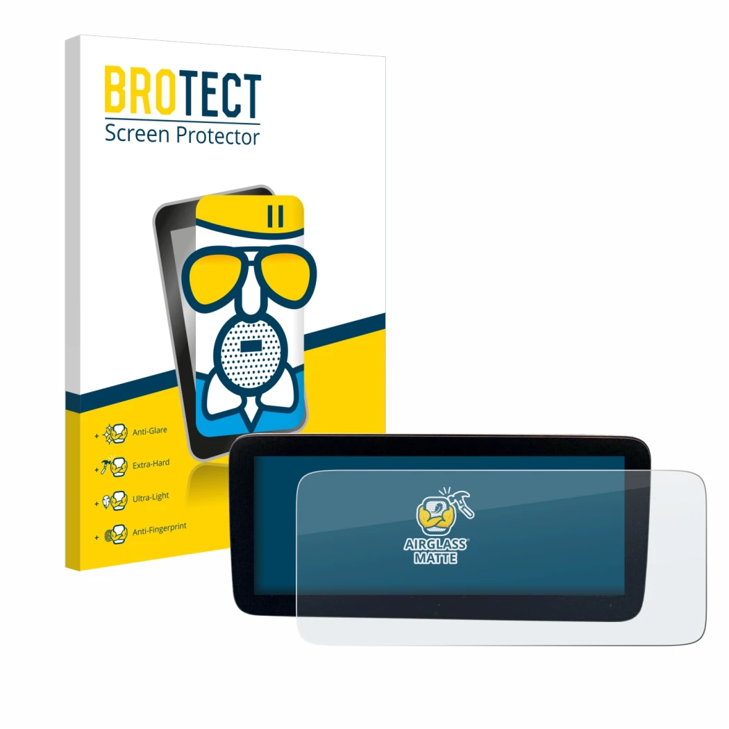 Parte frontal de un envase de producto con el logotipo de la marca BROTECT. Al lado se muestra el dispositivo Mercedes-Benz Ac