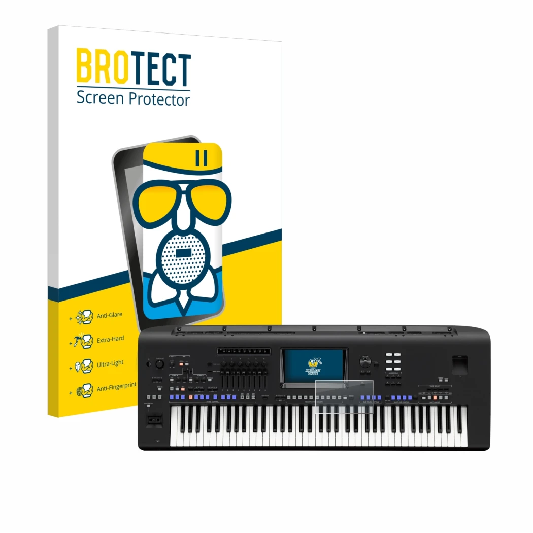 Parte frontal de un envase de producto con el logotipo de la marca BROTECT. Al lado se muestra el dispositivo Yamaha Genos con