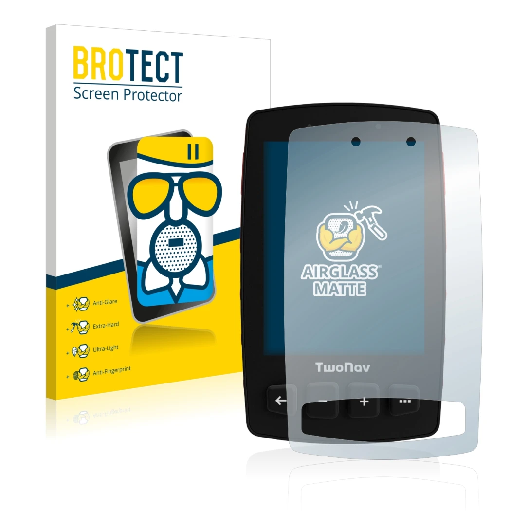 Parte frontal de un envase de producto con el logotipo de la marca BROTECT. Al lado se muestra el dispositivo TwoNav Trail 2 c