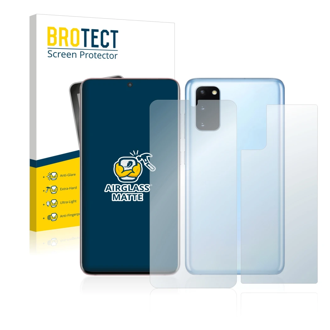 Parte frontal de un envase de producto con el logotipo de la marca BROTECT. Al lado se muestra el dispositivo Samsung Galaxy S