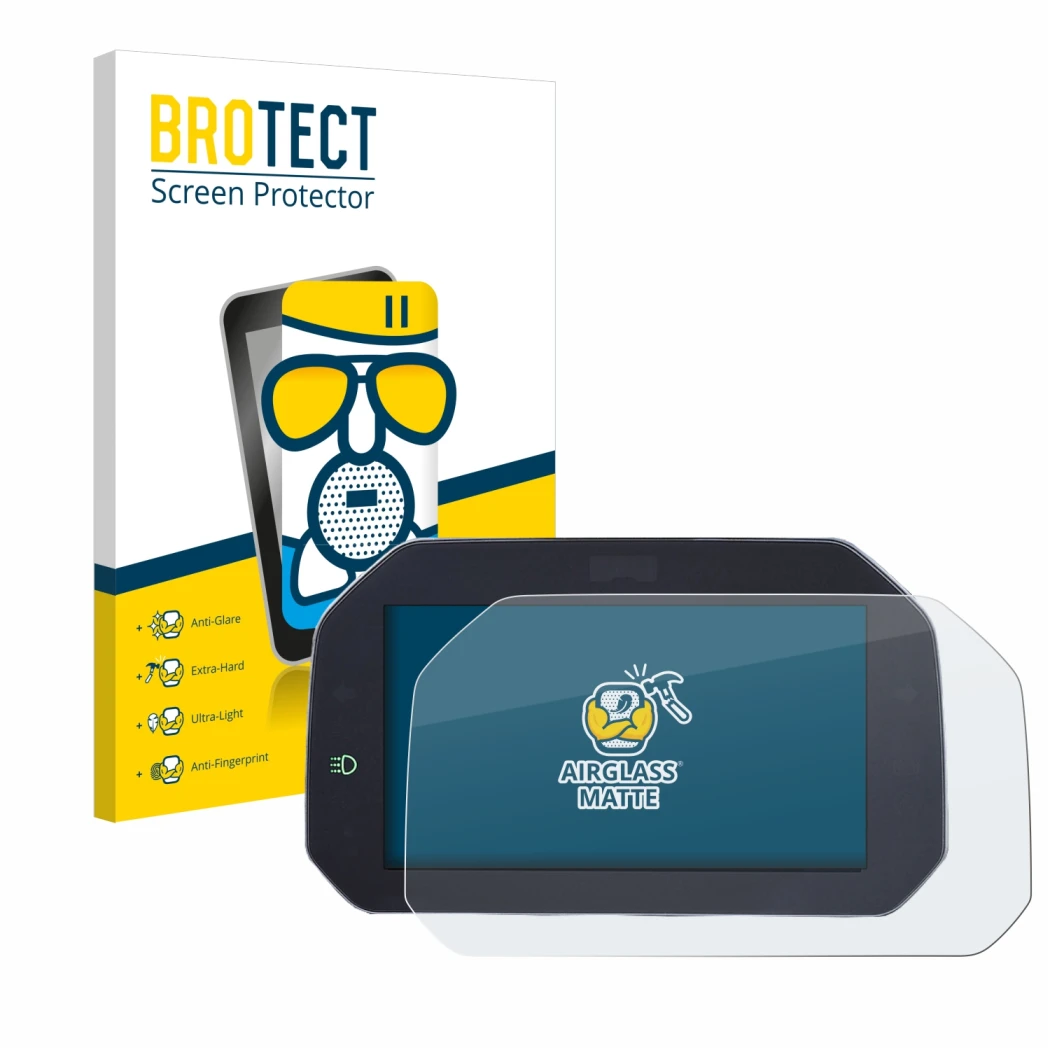 Parte frontal de un envase de producto con el logotipo de la marca BROTECT. Al lado se muestra el dispositivo BMW R1200GS LC 2