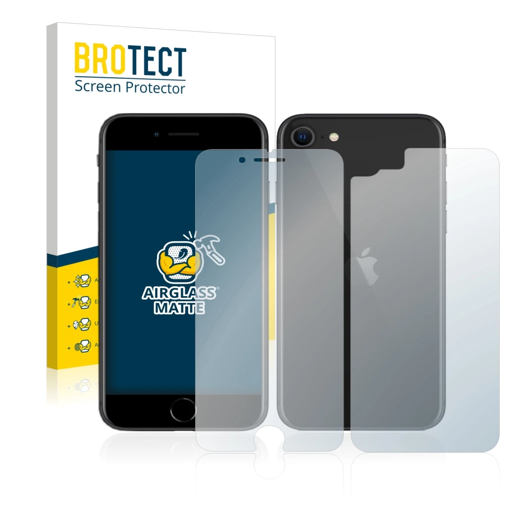 Parte frontal de un envase de producto con el logotipo de la marca BROTECT. Al lado se muestra el dispositivo Apple iPhone SE 