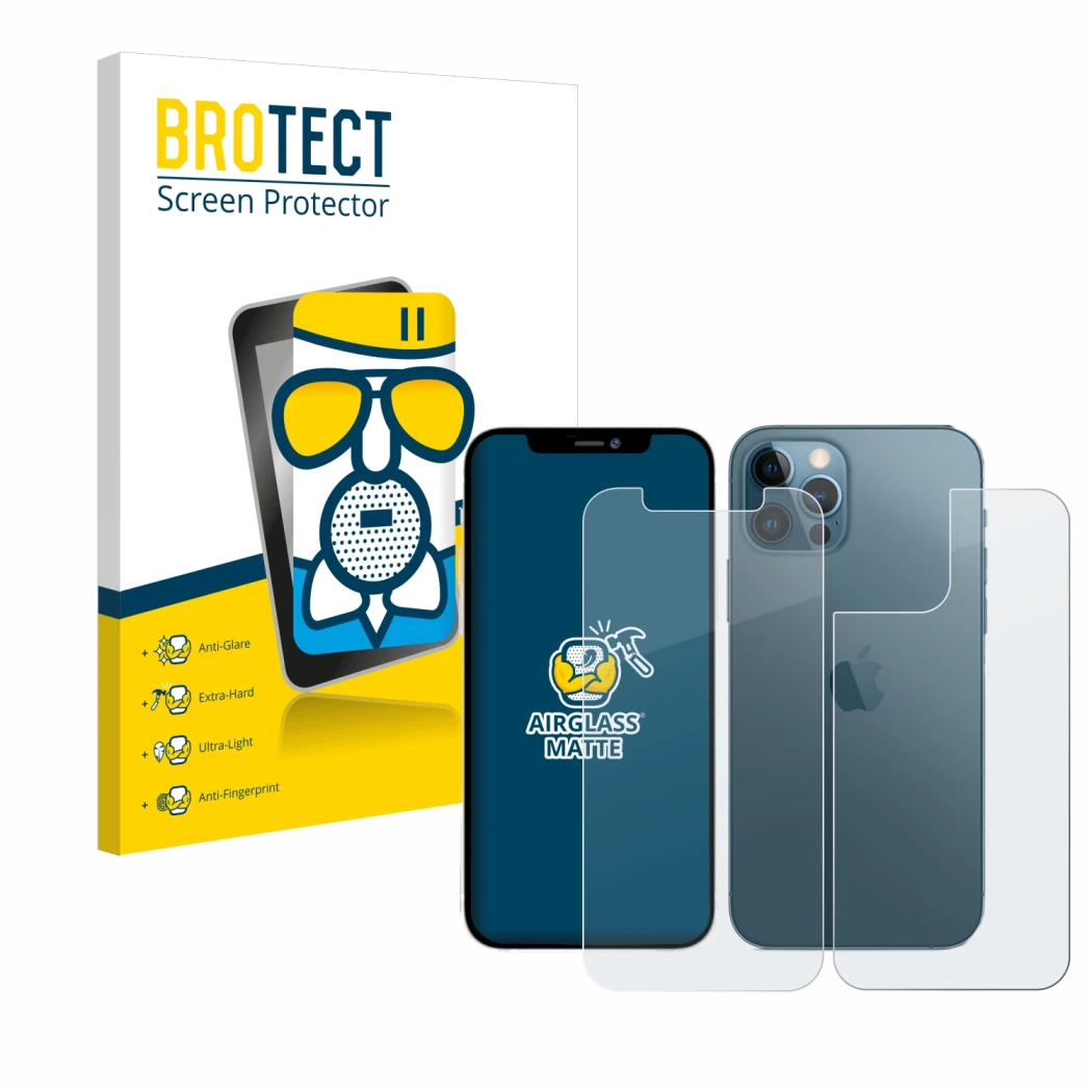 Parte frontal de un envase de producto con el logotipo de la marca BROTECT. Al lado se muestra el dispositivo Apple iPhone 12