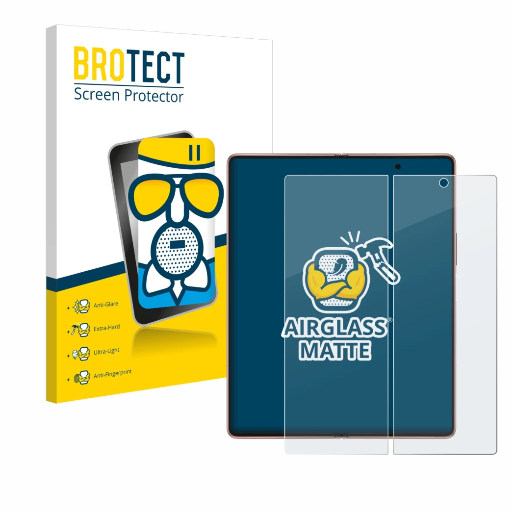 Parte frontal de un envase de producto con el logotipo de la marca BROTECT. Al lado se muestra el dispositivo Samsung Galaxy Z