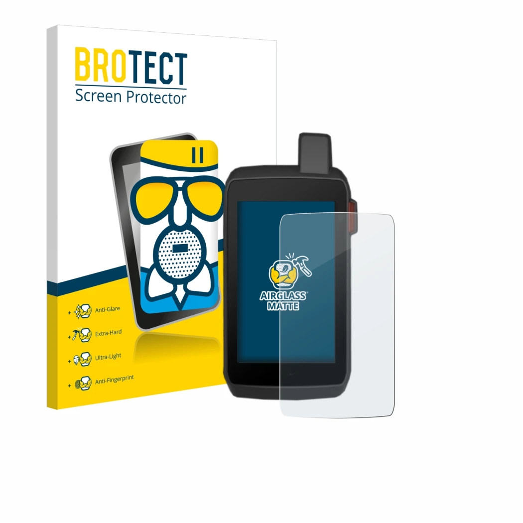 Parte frontal de un envase de producto con el logotipo de la marca BROTECT. Al lado se muestra el dispositivo Garmin Montana 7